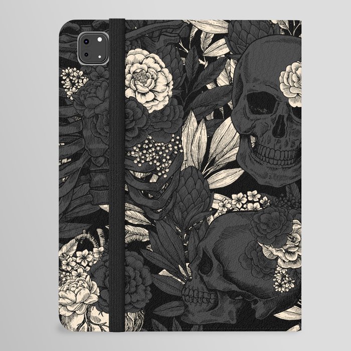 Skulls and Flowers Gothic Floral Black Beige Vintage iPad Folio Case