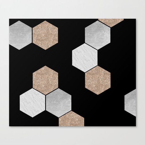 Geometric marble and rose gold on black Canvas Print