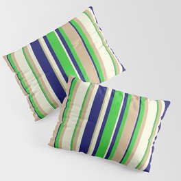 [ Thumbnail: Midnight Blue, Lime Green, Tan & Beige Colored Stripes/Lines Pattern Pillow Sham ]