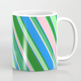 [ Thumbnail: Eye-catching Forest Green, Sea Green, Green, Pink & Blue Colored Lined/Striped Pattern Coffee Mug ]
