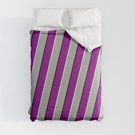 [ Thumbnail: Purple, Lavender, Dark Grey, and Black Colored Lines Pattern Comforter ]