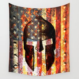 American Flag And Spartan Helmet On Rusted Metal Door - Molon Labe Wall Tapestry | Spartan, Americana, Murica, Graphicdesign, Curated, Americanflag, Molonlabe, Political, Comeandgetthem, Digital 