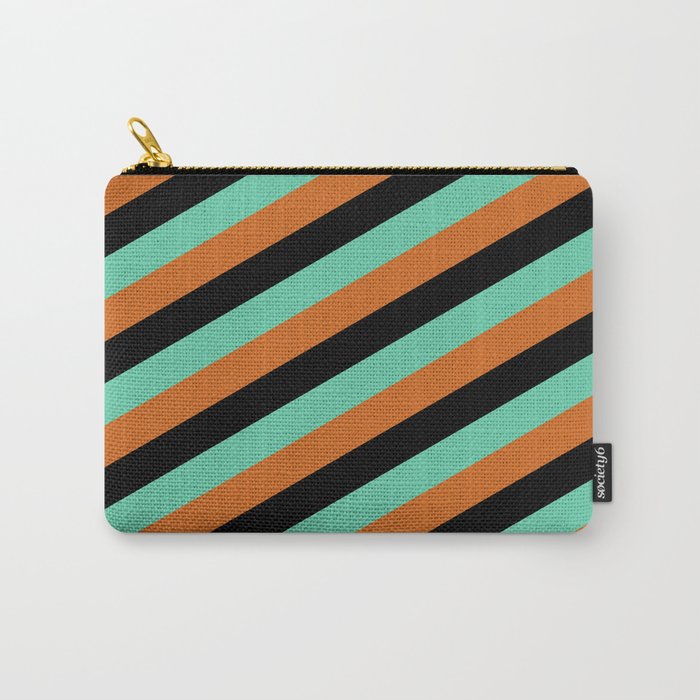 Black, Aquamarine, and Chocolate Colored Pattern of Stripes Carry-All Pouch