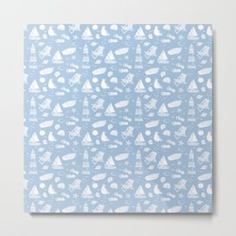 Pale Blue And White Summer Beach Elements Pattern Metal Print