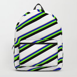 [ Thumbnail: Eyecatching Tan, Blue, Chartreuse, Black & White Colored Lines/Stripes Pattern Backpack ]