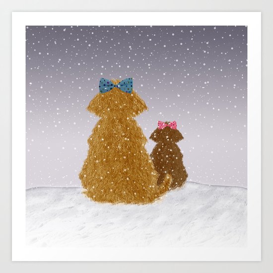Cute Dogs Winter Scene Art Print