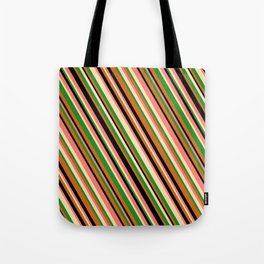 [ Thumbnail: Eye-catching Salmon, Beige, Forest Green, Chocolate, and Black Colored Lines/Stripes Pattern Tote Bag ]