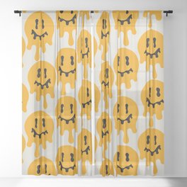 Melted Smiley Faces Trippy Seamless Pattern - Yellow Sheer Curtain