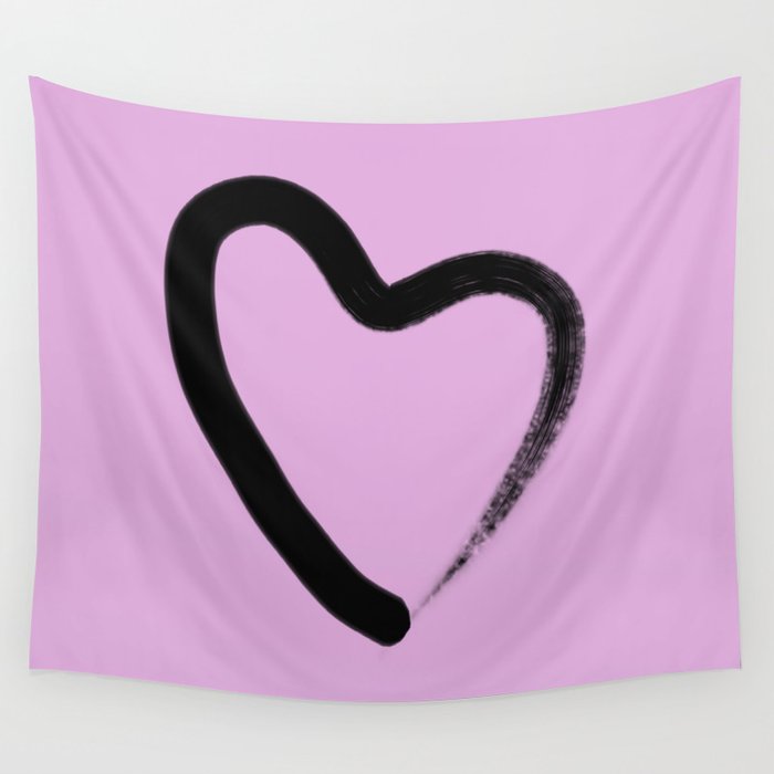 Simple Love - Minimalistic simple black love heart brush stroke on a pink background Wall Tapestry