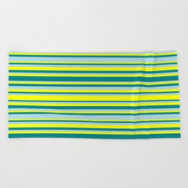 [ Thumbnail: Yellow, Teal, and Light Blue Colored Stripes Pattern Beach Towel ]