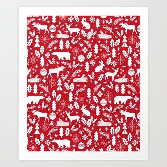 Festive Christmas woodland reindeer moose bear camping red and white minimal pattern for holidays Art Print