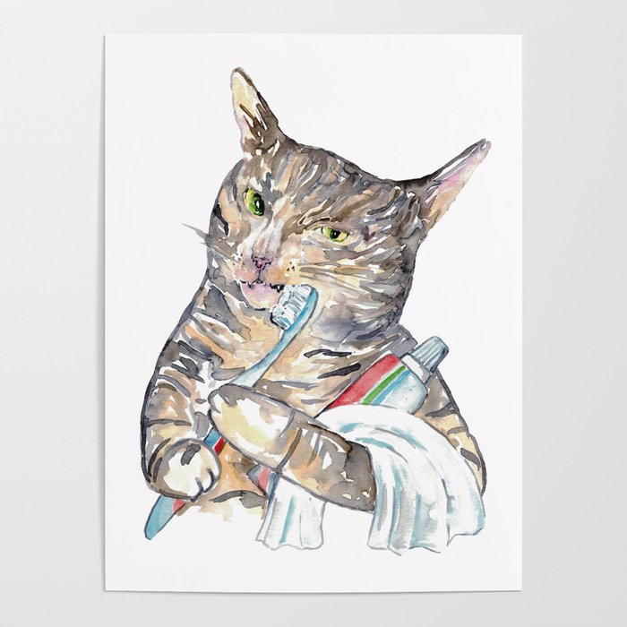 Cat brushing teeth tabby Painting Wall Poster Watercolor Poster