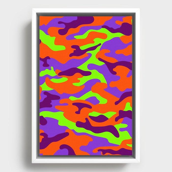 Camouflage Pattern Neon Green Orange Purple Light Purple Framed Canvas