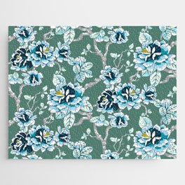 Spring Flowers Pattern Blue on Soft Green  Jigsaw Puzzle