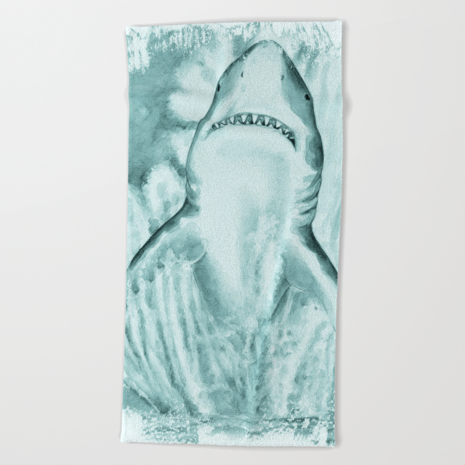 Great White Shark In Teal Watercolor Art Beach Towel By