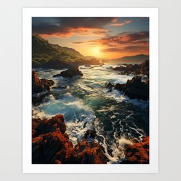 Coastal Sunset: Aerial Horizon with Beach, Rock, and Waves Art Print