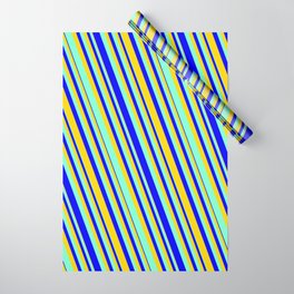 [ Thumbnail: Aquamarine, Blue & Yellow Colored Lines Pattern Wrapping Paper ]