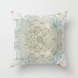 Mandala Flower, Teal and Gold, Floral Prints Throw Pillow