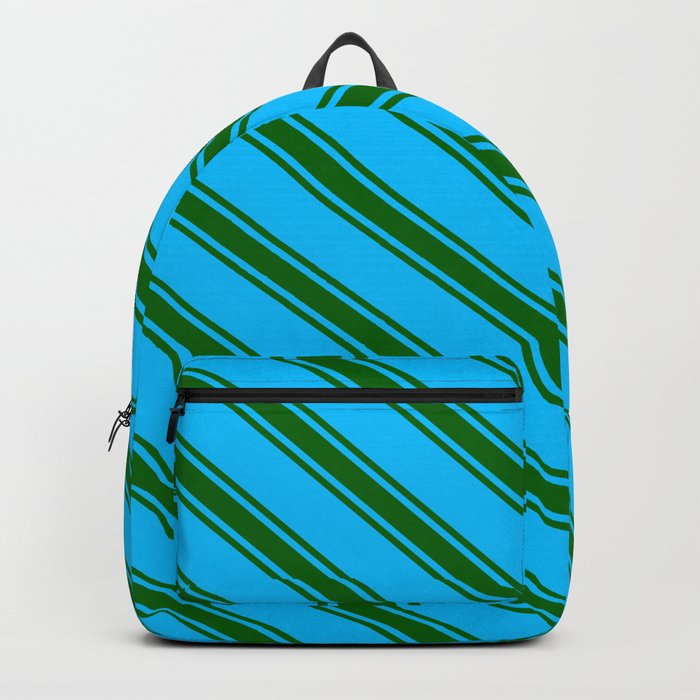 Deep Sky Blue & Dark Green Colored Stripes/Lines Pattern Backpack