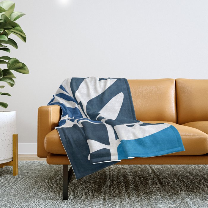 Floral Leaves Abstract Mosaic Blue White Cyanotype Matisse Inspired Throw Blanket