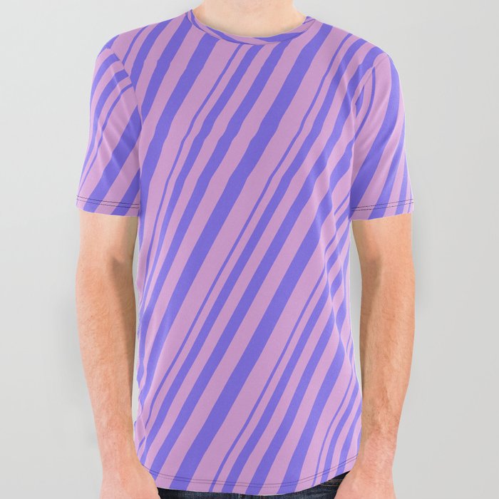 Medium Slate Blue and Plum Colored Lined Pattern All Over Graphic Tee