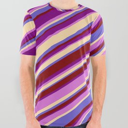 [ Thumbnail: Eyecatching Purple, Orchid, Tan, Slate Blue & Maroon Colored Lined Pattern All Over Graphic Tee ]