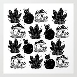 black cat, magic cat pattern, witch cat pattern, halloween cat pattern Art Print