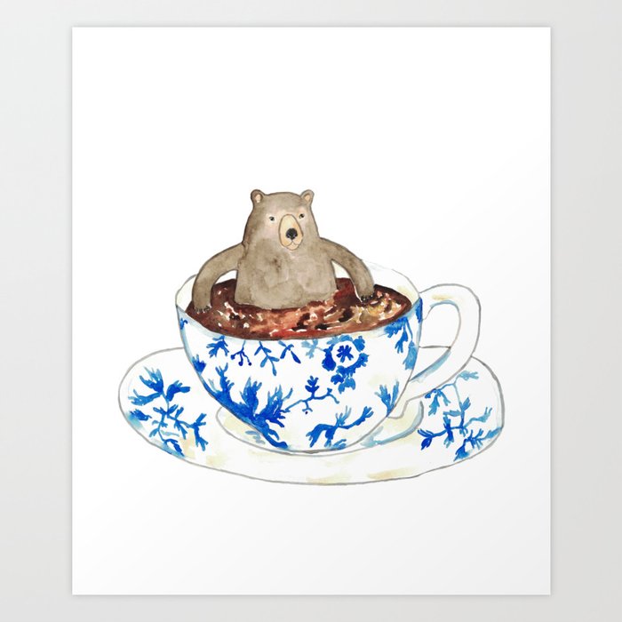 Bear in cup coffee tea watercolor painting Art Print