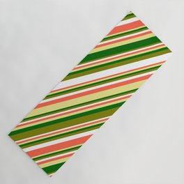 [ Thumbnail: Eyecatching Green, White, Red, Tan & Dark Green Colored Striped/Lined Pattern Yoga Mat ]
