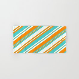 [ Thumbnail: Mint Cream, Dark Orange & Turquoise Colored Lined/Striped Pattern Hand & Bath Towel ]