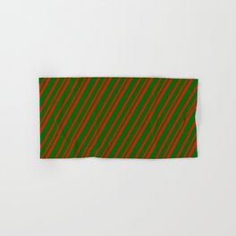 [ Thumbnail: Dark Green & Red Colored Lines Pattern Hand & Bath Towel ]