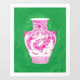 Pink Ginger Jar 1 on Kelly Green Art Print
