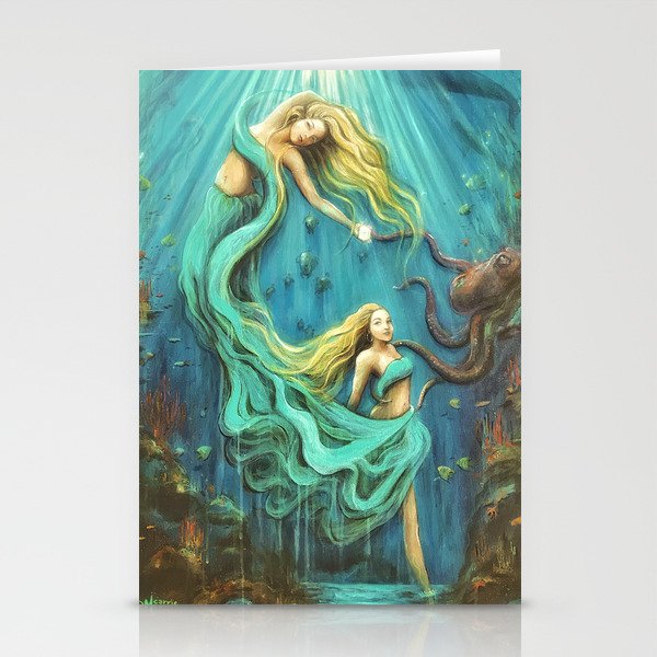 The Mermaid’s Gift / Ocean Sisters Sea Siren Nymph Underwater Octopus Coral Fish Friends Sisters  Stationery Cards