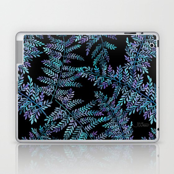 Watercolor Ferns Pattern - Turquoise & Purple on Black Laptop & iPad Skin