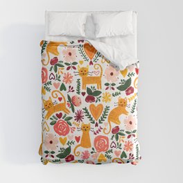 Valentine Cats Comforter | Tigatiga, Animal, Orange, Garden, Girly, Pattern, Hearts, Heart, Green, Pink 