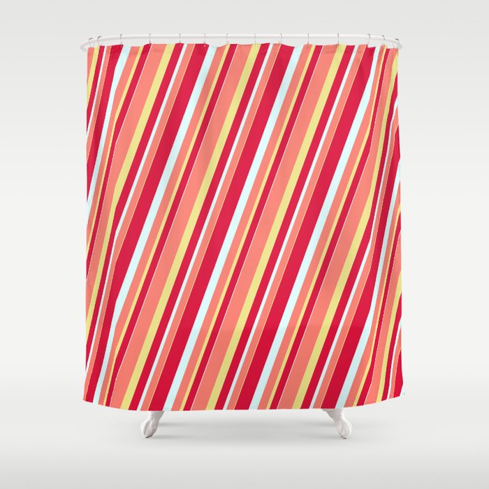 Crimson, Light Cyan, Salmon & Tan Colored Stripes Pattern Shower Curtain