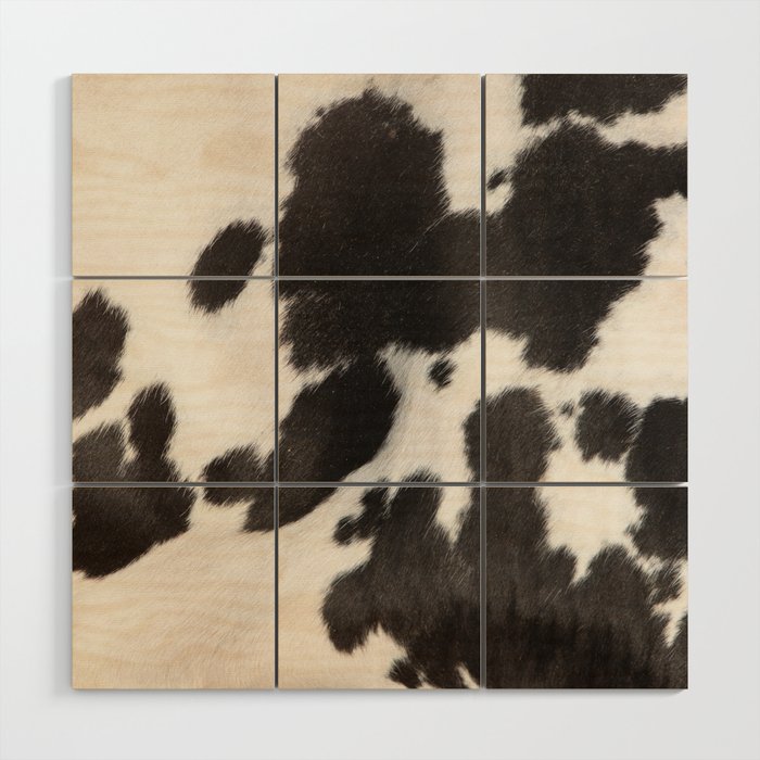 Black Cowhide, Cow Skin Print Pattern, Modern Cowhide Faux Leather Wood Wall Art