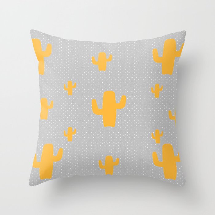 Mustard Cactus White Poka Dots in Gray Background Pattern Throw Pillow