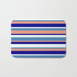 [ Thumbnail: Blue, Dark Salmon, Dark Blue & Mint Cream Colored Stripes Pattern Bath Mat ]