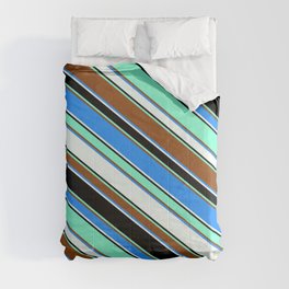 [ Thumbnail: Colorful Brown, Blue, Mint Cream, Black & Aquamarine Colored Striped Pattern Comforter ]