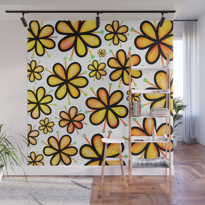 Doodle Daisy Flower Pattern 18 Wall Mural