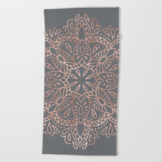 Mandala Rose Gold Pink Shimmer on Soft Gray by Nature Magick Beach Towel