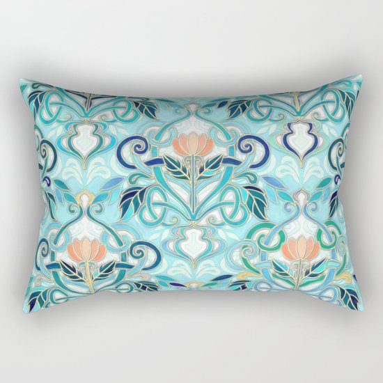 Ocean Aqua Art Nouveau Pattern with Peach Flowers Rectangular Pillow
