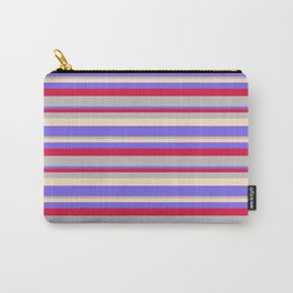 [ Thumbnail: Crimson, Grey, Bisque & Medium Slate Blue Colored Lined Pattern Carry-All Pouch ]