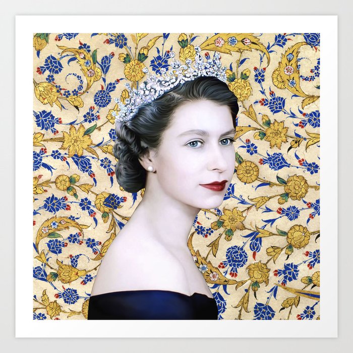 Queen Elizabeth II with Vintage Gold Floral Tapestry Art Print