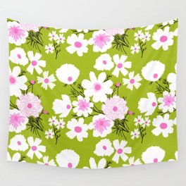 Retro Modern Spring Flower Field Pink and Green Wall Tapestry