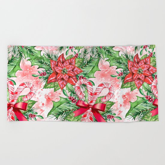 Poinsettia & Candy cane Beach Towel