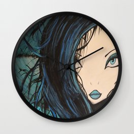 Blue and Black Hair Girl Mermaid Painting by Jodi Tomer. Figurative Abstract Pop Art. Wall Clock