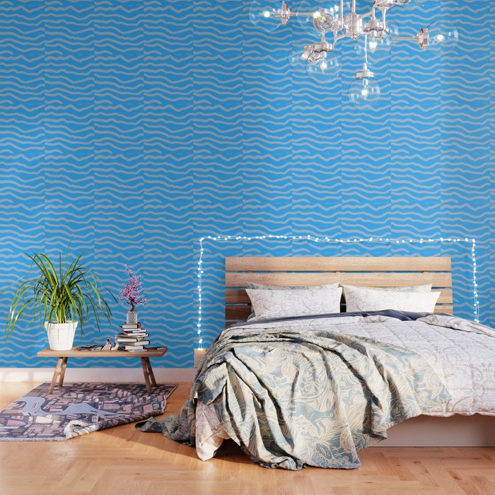 Mid Century Modern Minimal Blue Waves Wallpaper
