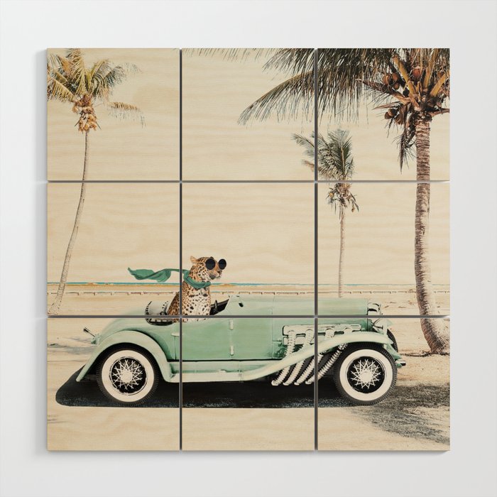 Leopard in retro car with scarf and sunglasses Wood Wall Art